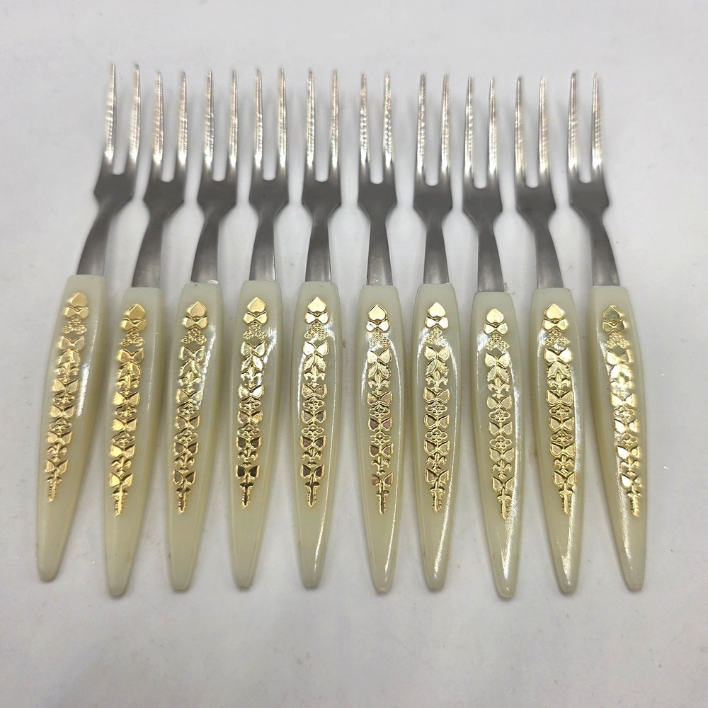 Vintage Set of 10 Cocktail Forks Gold Filigree Cream Handle Stainless Japan